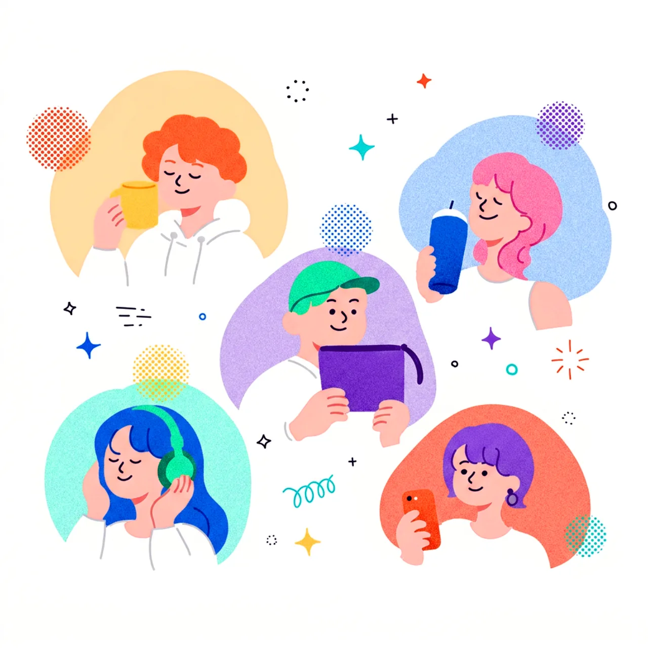 色のある日用品を楽しむ人たちのイラスト